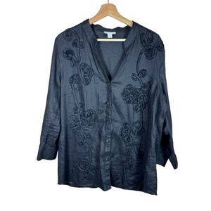 Charter Club Womens plus size 100% linen Button Down Black Embroidered Size 16